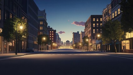 Empty city street at dawn, urban scene, buildings, early morning