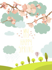 Spring blooming tree. Pink flowers. Vector greeting card