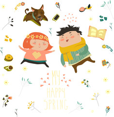 Happy kids lying on the meadow grass full of spring flowers. Vector spring card