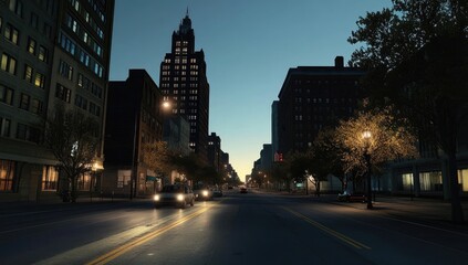 Urban street scene at dawn, city buildings, cars driving