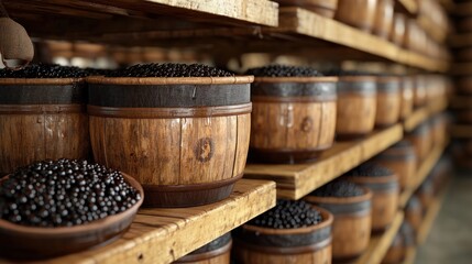 Wooden barrels filled with dark food, stored on shelves in a warehouse