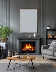 Gray living room interior, fireplace and poster