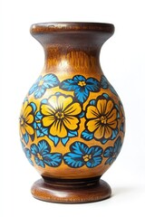 Ornate wooden vase with painted flowers, studio shot