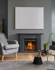 Gray living room interior, fireplace and poster