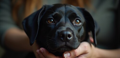 A close-up of a black dog with soulful eyes, gently held by a person. Perfect for pet care, adoption campaigns, or animal welfare promotions.