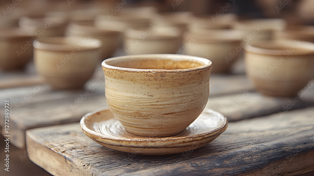 Poster ceramic cup on wooden surface with multiple cups in the background