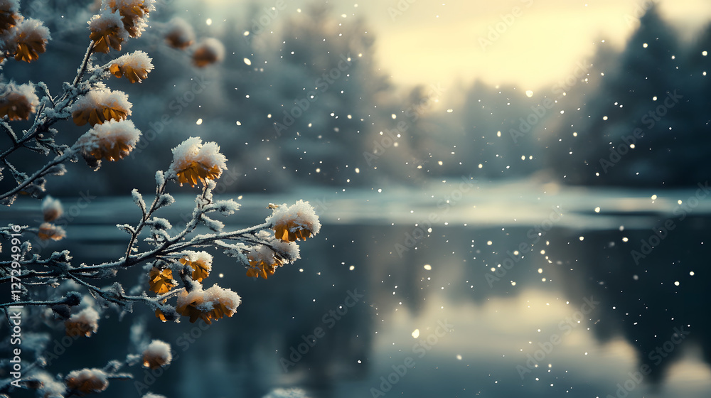 Poster winter scene with snowflakes falling over a tranquil lake and frosted branches