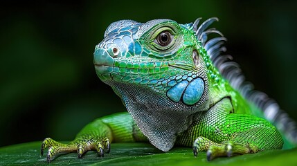 Obraz premium A striking green iguana resting gracefully on a leaf amidst verdant tropical vegetation