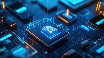 Closeup of a wireless router emitting high fidelity signals in tech environment