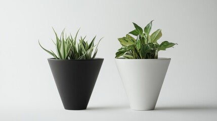 Obraz premium Minimalist black cone matt white planter with plants in it, on a white background, no shadow - greens inside