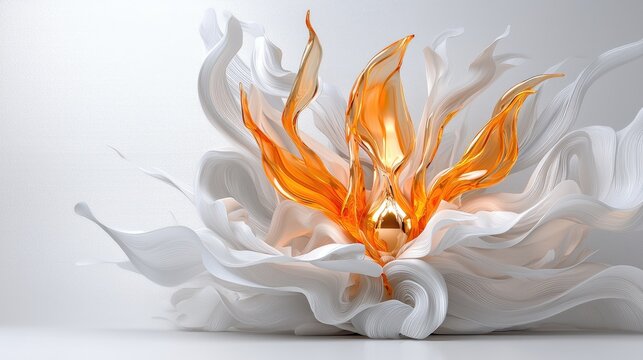 Abstract orange liquid art; white fabric swirl background; elegant design; luxury product promo