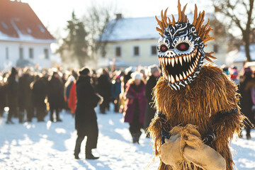 Mardi Gras, Shrovetide, Fat Tuesday, Pancake day, Uzgavienes parades on the street. Wooden mask, carnaval, parade.
