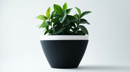 Obraz premium Minimalist black cone matt white planter with plants in it, on a white background, no shadow - greens inside