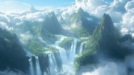 Naklejka premium Majestic Waterfalls Cascading Through Lush Green Mountains with Mist