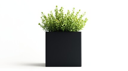 Minimalist black cubic matt planter with flowers in it, on a white background, no shadow
