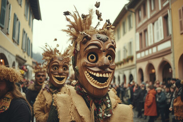 Mardi Gras, Shrovetide, Fat Tuesday, Pancake day, Uzgavienes parades on the street. Wooden mask, carnaval, parade.