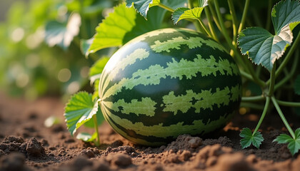 Watermelon growing on a vine in a green field