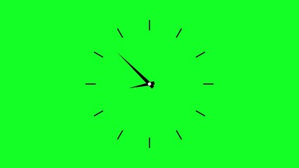 Twelve hours clock run, moving time arrows, 12 hours clock dial loop, twenty-four hours time lapse animation, Hours appear on a green background and quickly go