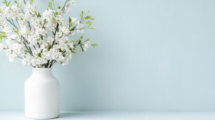 Fototapeta premium White ceramic vase filled with blooming spring cherry blossoms stands on a table against a light blue background.