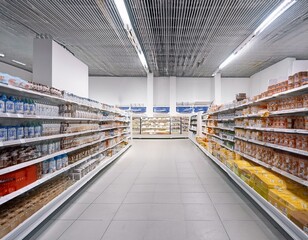 White supermarket shelves with products