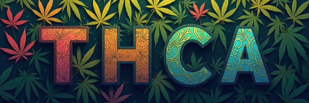 Vibrant illustration of THCA surrounded by colorful cannabis leaves, perfect for cannabis industry marketing, education, or wellness content.