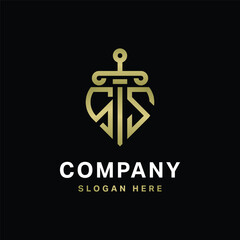 SS Logo monogram with sword and shield combination isolated with gold colors