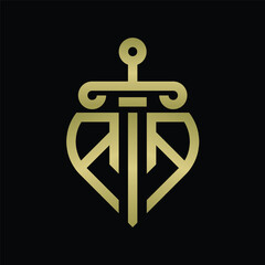 AA Logo monogram with sword and shield combination isolated with gold colors