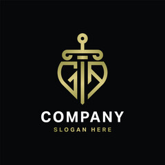 GA Logo monogram with sword and shield combination isolated with gold colors