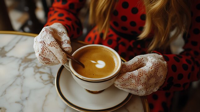 Woman stirs latte art coffee in cafe