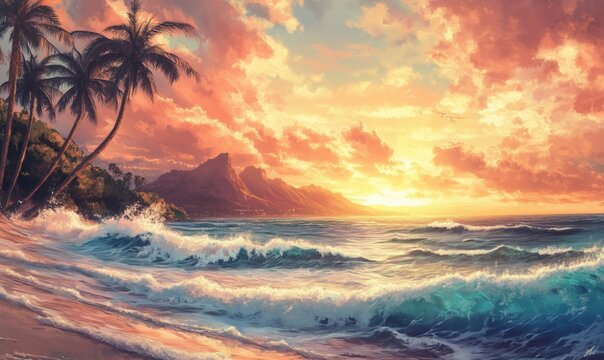 Stunning tropical sunset over ocean waves with palm trees and mountains in background