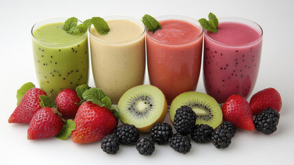 Fresh fruit smoothies in colorful glasses with strawberries, kiwi, and blackberries