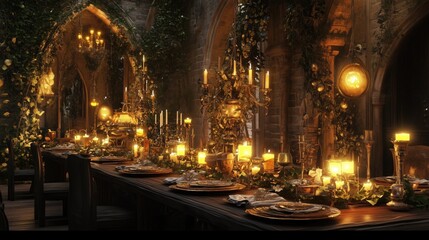 Fototapeta premium Enchanted medieval banquet hall with candlelit dinner and lush greenery
