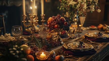 Elegant candlelit dining table with fruit display and vintage decor