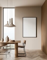 Light kitchen interior with dining and cooking space near window. Mockup frame