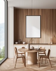 Light kitchen interior with dining and cooking space near window. Mockup frame