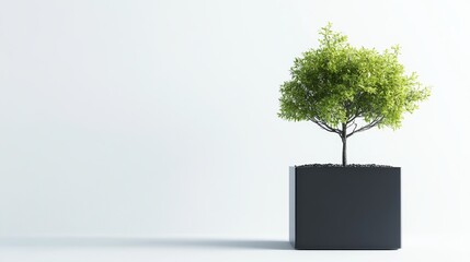 Minimalist black square metal planter with Acer palmatum tree in it, on a white background.