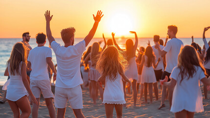 Obraz premium Sunset Rhythms A group of friends dances barefoot on the sand, the golden hues of the sunset blending with the beats of live music. Working for the benefit of people and soci