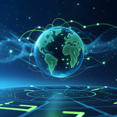 Obraz premium A global fintech innovation concept featuring a futuristic planet hologram surrounded by digital diagrams and data flows.