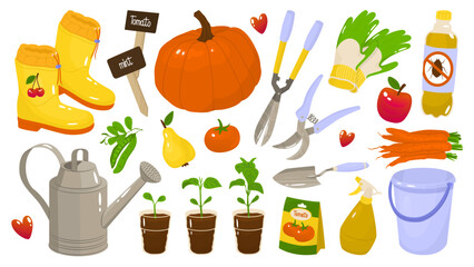 Set of garden tools for planting seedlings. Growing organic products. Farm vegetables and fruits. Agricultural work. Vector illustration isolated on transparent background.