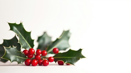 Vibrant Holly Leaves with Bright Red Berries on White Background