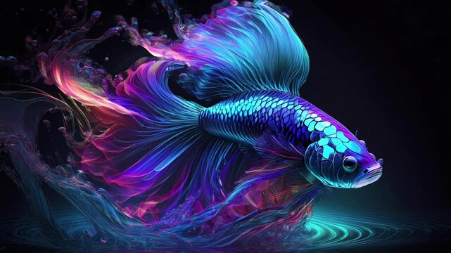 Futuristic Neon Betta Fish with Glowing Colors in Dark background