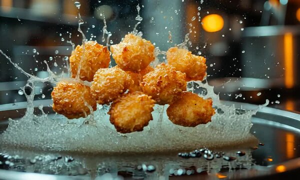 Crispy golden fried nuggets splashing into hot oil, creating dynamic water droplets in a kitchen