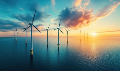 Offshore wind turbines at sunset over calm ocean waters with dramatic clouds