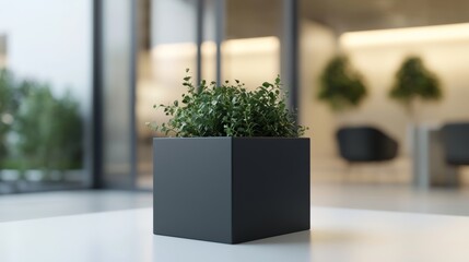 Minimalist low cubic fiberstone planter, matte black finish, centered on a sleek white surface, soft ambient lighting, blurred modern interior background, high detail