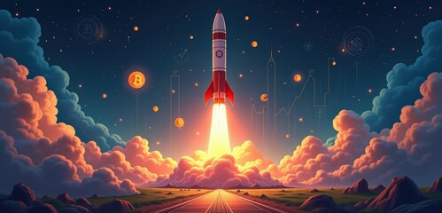 A vibrant illustration of a rocket launching into the sky, symbolizing growth and innovation in technology and business, perfect for startups and finance themes.