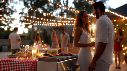  A couple stands near a charcoal grill in a spacious backyard, surrounded by the warm glow of string lights hanging above. The grill emits a steady stream of smoke, carrying the