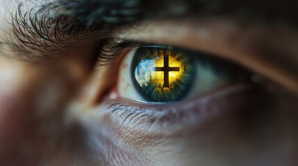 Naklejka premium Eye Reflection of Cross Symbol Against a Dramatic Background