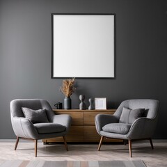 Grey relaxing room interior armchairs and drawer with decor, mockup frame