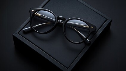 Black eyeglasses on black box, studio shot