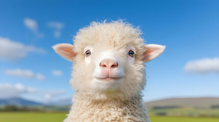 Naklejka premium Fluffy white lamb looking directly at the camera in a sunny green pasture under a clear blue sky.